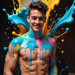 Paint Splat Fun - AI Photos of Hot men having fun with body paint. AI-generated abstract art featuring beautiful, handsome, sexy, shirtless, men, boys, lads, full of excitement joy and fun, covered in body paint, dynamic, interactive, Combining elements of realism with surreal abstract qualities, showcasing the potential of AI, in artistic expression. Photos of guys, just smiling, happy, and having a good time. Most of them are smiling because a paint bomb just blow up next to them, so I'm calling is Abstract Art. When paint attacks and makes people happy, it's Art!