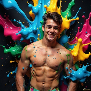Paint Splat Fun - AI Photos of Hot men having fun with body paint. AI-generated abstract art featuring beautiful, handsome, sexy, shirtless, men, boys, lads, full of excitement joy and fun, covered in body paint, dynamic, interactive, Combining elements of realism with surreal abstract qualities, showcasing the potential of AI, in artistic expression. Photos of guys, just smiling, happy, and having a good time. Most of them are smiling because a paint bomb just blow up next to them, so I'm calling is Abstract Art. When paint attacks and makes people happy, it's Art!