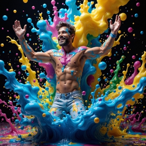 Paint Splat Fun - AI Photos of Hot men having fun with body paint. AI-generated abstract art featuring beautiful, handsome, sexy, shirtless, men, boys, lads, full of excitement joy and fun, covered in body paint, dynamic, interactive, Combining elements of realism with surreal abstract qualities, showcasing the potential of AI, in artistic expression. Photos of guys, just smiling, happy, and having a good time. Most of them are smiling because a paint bomb just blow up next to them, so I'm calling is Abstract Art. When paint attacks and makes people happy, it's Art!