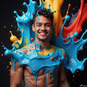 Paint Splat Fun - AI Photos of Hot men having fun with body paint. AI-generated abstract art featuring beautiful, handsome, sexy, shirtless, men, boys, lads, full of excitement joy and fun, covered in body paint, dynamic, interactive, Combining elements of realism with surreal abstract qualities, showcasing the potential of AI, in artistic expression. Photos of guys, just smiling, happy, and having a good time. Most of them are smiling because a paint bomb just blow up next to them, so I'm calling is Abstract Art. When paint attacks and makes people happy, it's Art!