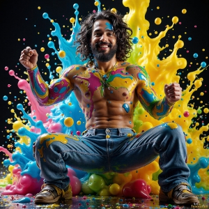 Paint Splat Fun - AI Photos of Hot men having fun with body paint. AI-generated abstract art featuring beautiful, handsome, sexy, shirtless, men, boys, lads, full of excitement joy and fun, covered in body paint, dynamic, interactive, Combining elements of realism with surreal abstract qualities, showcasing the potential of AI, in artistic expression. Photos of guys, just smiling, happy, and having a good time. Most of them are smiling because a paint bomb just blow up next to them, so I'm calling is Abstract Art. When paint attacks and makes people happy, it's Art!