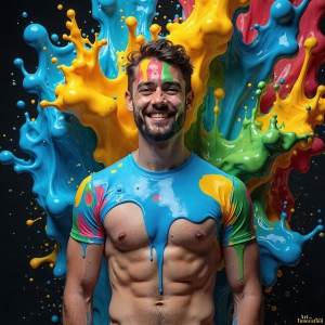 Paint Splat Fun - AI Photos of Hot men having fun with body paint. AI-generated abstract art featuring beautiful, handsome, sexy, shirtless, men, boys, lads, full of excitement joy and fun, covered in body paint, dynamic, interactive, Combining elements of realism with surreal abstract qualities, showcasing the potential of AI, in artistic expression. Photos of guys, just smiling, happy, and having a good time. Most of them are smiling because a paint bomb just blow up next to them, so I'm calling is Abstract Art. When paint attacks and makes people happy, it's Art!