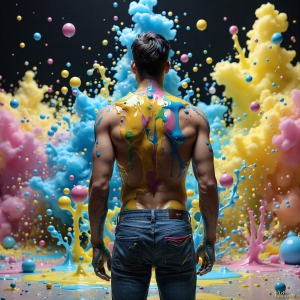 Paint Splat Fun - AI Photos of Hot men having fun with body paint. AI-generated abstract art featuring beautiful, handsome, sexy, shirtless, men, boys, lads, full of excitement joy and fun, covered in body paint, dynamic, interactive, Combining elements of realism with surreal abstract qualities, showcasing the potential of AI, in artistic expression. Photos of guys, just smiling, happy, and having a good time. Most of them are smiling because a paint bomb just blow up next to them, so I'm calling is Abstract Art. When paint attacks and makes people happy, it's Art!