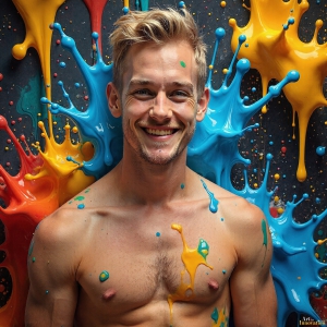 Paint Splat Fun - AI Photos of Hot men having fun with body paint. AI-generated abstract art featuring beautiful, handsome, sexy, shirtless, men, boys, lads, full of excitement joy and fun, covered in body paint, dynamic, interactive, Combining elements of realism with surreal abstract qualities, showcasing the potential of AI, in artistic expression. Photos of guys, just smiling, happy, and having a good time. Most of them are smiling because a paint bomb just blow up next to them, so I'm calling is Abstract Art. When paint attacks and makes people happy, it's Art!