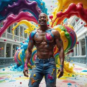 Paint Splat Fun - AI Photos of Hot men having fun with body paint. AI-generated abstract art featuring beautiful, handsome, sexy, shirtless, men, boys, lads, full of excitement joy and fun, covered in body paint, dynamic, interactive, Combining elements of realism with surreal abstract qualities, showcasing the potential of AI, in artistic expression. Photos of guys, just smiling, happy, and having a good time. Most of them are smiling because a paint bomb just blow up next to them, so I'm calling is Abstract Art. When paint attacks and makes people happy, it's Art!