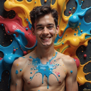 Paint Splat Fun - AI Photos of Hot men having fun with body paint. AI-generated abstract art featuring beautiful, handsome, sexy, shirtless, men, boys, lads, full of excitement joy and fun, covered in body paint, dynamic, interactive, Combining elements of realism with surreal abstract qualities, showcasing the potential of AI, in artistic expression. Photos of guys, just smiling, happy, and having a good time. Most of them are smiling because a paint bomb just blow up next to them, so I'm calling is Abstract Art. When paint attacks and makes people happy, it's Art!