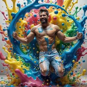 Paint Splat Fun - AI Photos of Hot men having fun with body paint. AI-generated abstract art featuring beautiful, handsome, sexy, shirtless, men, boys, lads, full of excitement joy and fun, covered in body paint, dynamic, interactive, Combining elements of realism with surreal abstract qualities, showcasing the potential of AI, in artistic expression. Photos of guys, just smiling, happy, and having a good time. Most of them are smiling because a paint bomb just blow up next to them, so I'm calling is Abstract Art. When paint attacks and makes people happy, it's Art!