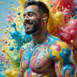 Paint Splat Fun - AI Photos of Hot men having fun with body paint. AI-generated abstract art featuring beautiful, handsome, sexy, shirtless, men, boys, lads, full of excitement joy and fun, covered in body paint, dynamic, interactive, Combining elements of realism with surreal abstract qualities, showcasing the potential of AI, in artistic expression. Photos of guys, just smiling, happy, and having a good time. Most of them are smiling because a paint bomb just blow up next to them, so I'm calling is Abstract Art. When paint attacks and makes people happy, it's Art!