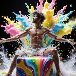 Paint Splat Fun - AI Photos of Hot men having fun with body paint. AI-generated abstract art featuring beautiful, handsome, sexy, shirtless, men, boys, lads, full of excitement joy and fun, covered in body paint, dynamic, interactive, Combining elements of realism with surreal abstract qualities, showcasing the potential of AI, in artistic expression. Photos of guys, just smiling, happy, and having a good time. Most of them are smiling because a paint bomb just blow up next to them, so I'm calling is Abstract Art. When paint attacks and makes people happy, it's Art!
