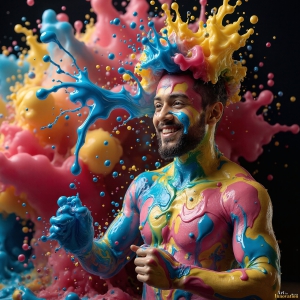 Paint Splat Fun - AI Photos of Hot men having fun with body paint. AI-generated abstract art featuring beautiful, handsome, sexy, shirtless, men, boys, lads, full of excitement joy and fun, covered in body paint, dynamic, interactive, Combining elements of realism with surreal abstract qualities, showcasing the potential of AI, in artistic expression. Photos of guys, just smiling, happy, and having a good time. Most of them are smiling because a paint bomb just blow up next to them, so I'm calling is Abstract Art. When paint attacks and makes people happy, it's Art!