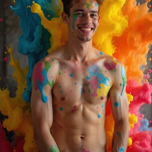 Paint Splat Fun - AI Photos of Hot men having fun with body paint. AI-generated abstract art featuring beautiful, handsome, sexy, shirtless, men, boys, lads, full of excitement joy and fun, covered in body paint, dynamic, interactive, Combining elements of realism with surreal abstract qualities, showcasing the potential of AI, in artistic expression. Photos of guys, just smiling, happy, and having a good time. Most of them are smiling because a paint bomb just blow up next to them, so I'm calling is Abstract Art. When paint attacks and makes people happy, it's Art!