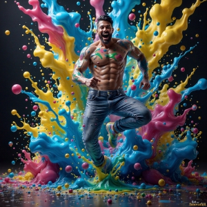 Paint Splat Fun - AI Photos of Hot men having fun with body paint. AI-generated abstract art featuring beautiful, handsome, sexy, shirtless, men, boys, lads, full of excitement joy and fun, covered in body paint, dynamic, interactive, Combining elements of realism with surreal abstract qualities, showcasing the potential of AI, in artistic expression. Photos of guys, just smiling, happy, and having a good time. Most of them are smiling because a paint bomb just blow up next to them, so I'm calling is Abstract Art. When paint attacks and makes people happy, it's Art!