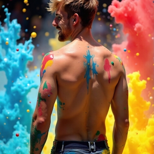 Paint Splat Fun - AI Photos of Hot men having fun with body paint. AI-generated abstract art featuring beautiful, handsome, sexy, shirtless, men, boys, lads, full of excitement joy and fun, covered in body paint, dynamic, interactive, Combining elements of realism with surreal abstract qualities, showcasing the potential of AI, in artistic expression. Photos of guys, just smiling, happy, and having a good time. Most of them are smiling because a paint bomb just blow up next to them, so I'm calling is Abstract Art. When paint attacks and makes people happy, it's Art!