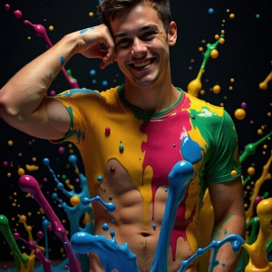 Paint Splat Fun - AI Photos of Hot men having fun with body paint. AI-generated abstract art featuring beautiful, handsome, sexy, shirtless, men, boys, lads, full of excitement joy and fun, covered in body paint, dynamic, interactive, Combining elements of realism with surreal abstract qualities, showcasing the potential of AI, in artistic expression. Photos of guys, just smiling, happy, and having a good time. Most of them are smiling because a paint bomb just blow up next to them, so I'm calling is Abstract Art. When paint attacks and makes people happy, it's Art!