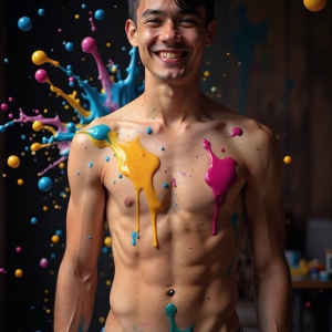 Paint Splat Fun - AI Photos of Hot men having fun with body paint. AI-generated abstract art featuring beautiful, handsome, sexy, shirtless, men, boys, lads, full of excitement joy and fun, covered in body paint, dynamic, interactive, Combining elements of realism with surreal abstract qualities, showcasing the potential of AI, in artistic expression. Photos of guys, just smiling, happy, and having a good time. Most of them are smiling because a paint bomb just blow up next to them, so I'm calling is Abstract Art. When paint attacks and makes people happy, it's Art!