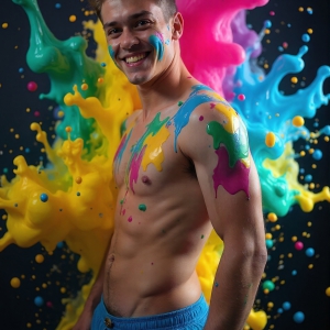 Paint Splat Fun - AI Photos of Hot men having fun with body paint. AI-generated abstract art featuring beautiful, handsome, sexy, shirtless, men, boys, lads, full of excitement joy and fun, covered in body paint, dynamic, interactive, Combining elements of realism with surreal abstract qualities, showcasing the potential of AI, in artistic expression. Photos of guys, just smiling, happy, and having a good time. Most of them are smiling because a paint bomb just blow up next to them, so I'm calling is Abstract Art. When paint attacks and makes people happy, it's Art!
