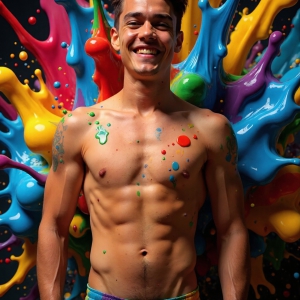 Paint Splat Fun - AI Photos of Hot men having fun with body paint. AI-generated abstract art featuring beautiful, handsome, sexy, shirtless, men, boys, lads, full of excitement joy and fun, covered in body paint, dynamic, interactive, Combining elements of realism with surreal abstract qualities, showcasing the potential of AI, in artistic expression. Photos of guys, just smiling, happy, and having a good time. Most of them are smiling because a paint bomb just blow up next to them, so I'm calling is Abstract Art. When paint attacks and makes people happy, it's Art!