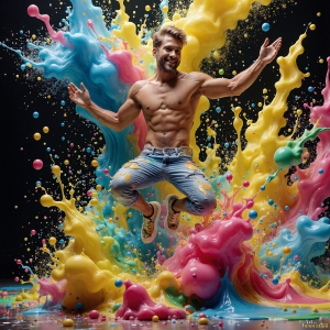 Paint Splat Fun - AI Photos of Hot men having fun with body paint. AI-generated abstract art featuring beautiful, handsome, sexy, shirtless, men, boys, lads, full of excitement joy and fun, covered in body paint, dynamic, interactive, Combining elements of realism with surreal abstract qualities, showcasing the potential of AI, in artistic expression. Photos of guys, just smiling, happy, and having a good time. Most of them are smiling because a paint bomb just blow up next to them, so I'm calling is Abstract Art. When paint attacks and makes people happy, it's Art!