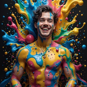 Paint Splat Fun - AI Photos of Hot men having fun with body paint. AI-generated abstract art featuring beautiful, handsome, sexy, shirtless, men, boys, lads, full of excitement joy and fun, covered in body paint, dynamic, interactive, Combining elements of realism with surreal abstract qualities, showcasing the potential of AI, in artistic expression. Photos of guys, just smiling, happy, and having a good time. Most of them are smiling because a paint bomb just blow up next to them, so I'm calling is Abstract Art. When paint attacks and makes people happy, it's Art!