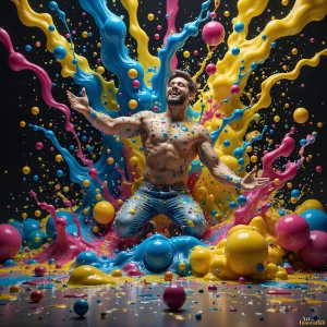 Paint Splat Fun - AI Photos of Hot men having fun with body paint. AI-generated abstract art featuring beautiful, handsome, sexy, shirtless, men, boys, lads, full of excitement joy and fun, covered in body paint, dynamic, interactive, Combining elements of realism with surreal abstract qualities, showcasing the potential of AI, in artistic expression. Photos of guys, just smiling, happy, and having a good time. Most of them are smiling because a paint bomb just blow up next to them, so I'm calling is Abstract Art. When paint attacks and makes people happy, it's Art!