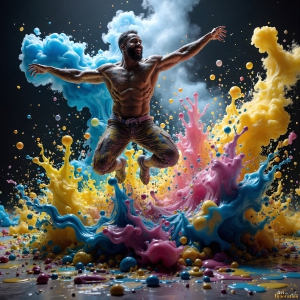 Paint Splat Fun - AI Photos of Hot men having fun with body paint. AI-generated abstract art featuring beautiful, handsome, sexy, shirtless, men, boys, lads, full of excitement joy and fun, covered in body paint, dynamic, interactive, Combining elements of realism with surreal abstract qualities, showcasing the potential of AI, in artistic expression. Photos of guys, just smiling, happy, and having a good time. Most of them are smiling because a paint bomb just blow up next to them, so I'm calling is Abstract Art. When paint attacks and makes people happy, it's Art!