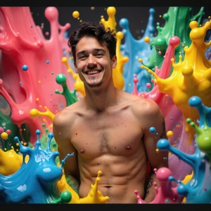 Paint Splat Fun - AI Photos of Hot men having fun with body paint. AI-generated abstract art featuring beautiful, handsome, sexy, shirtless, men, boys, lads, full of excitement joy and fun, covered in body paint, dynamic, interactive, Combining elements of realism with surreal abstract qualities, showcasing the potential of AI, in artistic expression. Photos of guys, just smiling, happy, and having a good time. Most of them are smiling because a paint bomb just blow up next to them, so I'm calling is Abstract Art. When paint attacks and makes people happy, it's Art!