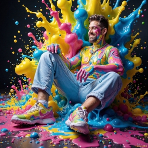 Paint Splat Fun - AI Photos of Hot men having fun with body paint. AI-generated abstract art featuring beautiful, handsome, sexy, shirtless, men, boys, lads, full of excitement joy and fun, covered in body paint, dynamic, interactive, Combining elements of realism with surreal abstract qualities, showcasing the potential of AI, in artistic expression. Photos of guys, just smiling, happy, and having a good time. Most of them are smiling because a paint bomb just blow up next to them, so I'm calling is Abstract Art. When paint attacks and makes people happy, it's Art!