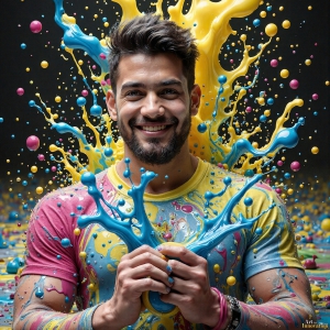 Paint Splat Fun - AI Photos of Hot men having fun with body paint. AI-generated abstract art featuring beautiful, handsome, sexy, shirtless, men, boys, lads, full of excitement joy and fun, covered in body paint, dynamic, interactive, Combining elements of realism with surreal abstract qualities, showcasing the potential of AI, in artistic expression. Photos of guys, just smiling, happy, and having a good time. Most of them are smiling because a paint bomb just blow up next to them, so I'm calling is Abstract Art. When paint attacks and makes people happy, it's Art!