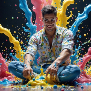 Paint Splat Fun - AI Photos of Hot men having fun with body paint. AI-generated abstract art featuring beautiful, handsome, sexy, shirtless, men, boys, lads, full of excitement joy and fun, covered in body paint, dynamic, interactive, Combining elements of realism with surreal abstract qualities, showcasing the potential of AI, in artistic expression. Photos of guys, just smiling, happy, and having a good time. Most of them are smiling because a paint bomb just blow up next to them, so I'm calling is Abstract Art. When paint attacks and makes people happy, it's Art!