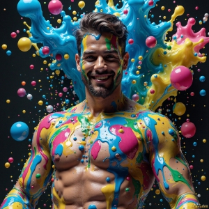 Paint Splat Fun - AI Photos of Hot men having fun with body paint. AI-generated abstract art featuring beautiful, handsome, sexy, shirtless, men, boys, lads, full of excitement joy and fun, covered in body paint, dynamic, interactive, Combining elements of realism with surreal abstract qualities, showcasing the potential of AI, in artistic expression. Photos of guys, just smiling, happy, and having a good time. Most of them are smiling because a paint bomb just blow up next to them, so I'm calling is Abstract Art. When paint attacks and makes people happy, it's Art!