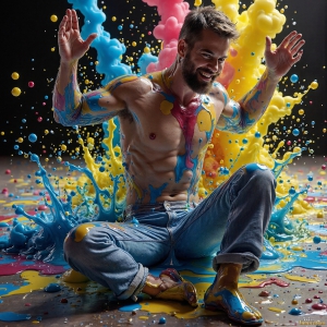 Paint Splat Fun - AI Photos of Hot men having fun with body paint. AI-generated abstract art featuring beautiful, handsome, sexy, shirtless, men, boys, lads, full of excitement joy and fun, covered in body paint, dynamic, interactive, Combining elements of realism with surreal abstract qualities, showcasing the potential of AI, in artistic expression. Photos of guys, just smiling, happy, and having a good time. Most of them are smiling because a paint bomb just blow up next to them, so I'm calling is Abstract Art. When paint attacks and makes people happy, it's Art!