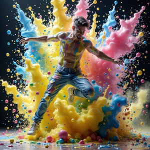 Paint Splat Fun - AI Photos of Hot men having fun with body paint. AI-generated abstract art featuring beautiful, handsome, sexy, shirtless, men, boys, lads, full of excitement joy and fun, covered in body paint, dynamic, interactive, Combining elements of realism with surreal abstract qualities, showcasing the potential of AI, in artistic expression. Photos of guys, just smiling, happy, and having a good time. Most of them are smiling because a paint bomb just blow up next to them, so I'm calling is Abstract Art. When paint attacks and makes people happy, it's Art!