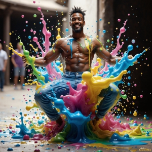 Paint Splat Fun - AI Photos of Hot men having fun with body paint. AI-generated abstract art featuring beautiful, handsome, sexy, shirtless, men, boys, lads, full of excitement joy and fun, covered in body paint, dynamic, interactive, Combining elements of realism with surreal abstract qualities, showcasing the potential of AI, in artistic expression. Photos of guys, just smiling, happy, and having a good time. Most of them are smiling because a paint bomb just blow up next to them, so I'm calling is Abstract Art. When paint attacks and makes people happy, it's Art!