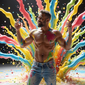 Paint Splat Fun - AI Photos of Hot men having fun with body paint. AI-generated abstract art featuring beautiful, handsome, sexy, shirtless, men, boys, lads, full of excitement joy and fun, covered in body paint, dynamic, interactive, Combining elements of realism with surreal abstract qualities, showcasing the potential of AI, in artistic expression. Photos of guys, just smiling, happy, and having a good time. Most of them are smiling because a paint bomb just blow up next to them, so I'm calling is Abstract Art. When paint attacks and makes people happy, it's Art!