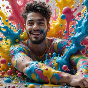 Paint Splat Fun - AI Photos of Hot men having fun with body paint. AI-generated abstract art featuring beautiful, handsome, sexy, shirtless, men, boys, lads, full of excitement joy and fun, covered in body paint, dynamic, interactive, Combining elements of realism with surreal abstract qualities, showcasing the potential of AI, in artistic expression. Photos of guys, just smiling, happy, and having a good time. Most of them are smiling because a paint bomb just blow up next to them, so I'm calling is Abstract Art. When paint attacks and makes people happy, it's Art!