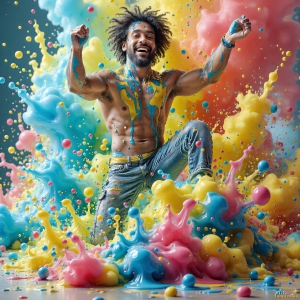 Paint Splat Fun - AI Photos of Hot men having fun with body paint. AI-generated abstract art featuring beautiful, handsome, sexy, shirtless, men, boys, lads, full of excitement joy and fun, covered in body paint, dynamic, interactive, Combining elements of realism with surreal abstract qualities, showcasing the potential of AI, in artistic expression. Photos of guys, just smiling, happy, and having a good time. Most of them are smiling because a paint bomb just blow up next to them, so I'm calling is Abstract Art. When paint attacks and makes people happy, it's Art!