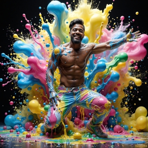 Paint Splat Fun - AI Photos of Hot men having fun with body paint. AI-generated abstract art featuring beautiful, handsome, sexy, shirtless, men, boys, lads, full of excitement joy and fun, covered in body paint, dynamic, interactive, Combining elements of realism with surreal abstract qualities, showcasing the potential of AI, in artistic expression. Photos of guys, just smiling, happy, and having a good time. Most of them are smiling because a paint bomb just blow up next to them, so I'm calling is Abstract Art. When paint attacks and makes people happy, it's Art!