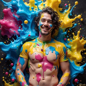 Paint Splat Fun - AI Photos of Hot men having fun with body paint. AI-generated abstract art featuring beautiful, handsome, sexy, shirtless, men, boys, lads, full of excitement joy and fun, covered in body paint, dynamic, interactive, Combining elements of realism with surreal abstract qualities, showcasing the potential of AI, in artistic expression. Photos of guys, just smiling, happy, and having a good time. Most of them are smiling because a paint bomb just blow up next to them, so I'm calling is Abstract Art. When paint attacks and makes people happy, it's Art!