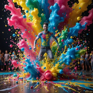 Paint Splat Fun - AI Photos of Hot men having fun with body paint. AI-generated abstract art featuring beautiful, handsome, sexy, shirtless, men, boys, lads, full of excitement joy and fun, covered in body paint, dynamic, interactive, Combining elements of realism with surreal abstract qualities, showcasing the potential of AI, in artistic expression. Photos of guys, just smiling, happy, and having a good time. Most of them are smiling because a paint bomb just blow up next to them, so I'm calling is Abstract Art. When paint attacks and makes people happy, it's Art!