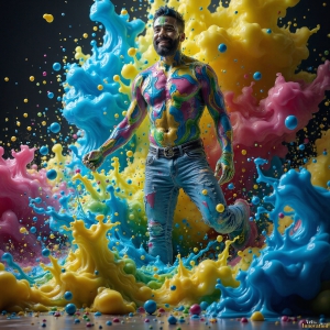 Paint Splat Fun - AI Photos of Hot men having fun with body paint. AI-generated abstract art featuring beautiful, handsome, sexy, shirtless, men, boys, lads, full of excitement joy and fun, covered in body paint, dynamic, interactive, Combining elements of realism with surreal abstract qualities, showcasing the potential of AI, in artistic expression. Photos of guys, just smiling, happy, and having a good time. Most of them are smiling because a paint bomb just blow up next to them, so I'm calling is Abstract Art. When paint attacks and makes people happy, it's Art!