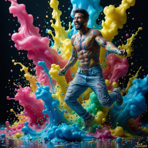 Paint Splat Fun - AI Photos of Hot men having fun with body paint. AI-generated abstract art featuring beautiful, handsome, sexy, shirtless, men, boys, lads, full of excitement joy and fun, covered in body paint, dynamic, interactive, Combining elements of realism with surreal abstract qualities, showcasing the potential of AI, in artistic expression. Photos of guys, just smiling, happy, and having a good time. Most of them are smiling because a paint bomb just blow up next to them, so I'm calling is Abstract Art. When paint attacks and makes people happy, it's Art!