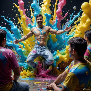 Paint Splat Fun - AI Photos of Hot men having fun with body paint. AI-generated abstract art featuring beautiful, handsome, sexy, shirtless, men, boys, lads, full of excitement joy and fun, covered in body paint, dynamic, interactive, Combining elements of realism with surreal abstract qualities, showcasing the potential of AI, in artistic expression. Photos of guys, just smiling, happy, and having a good time. Most of them are smiling because a paint bomb just blow up next to them, so I'm calling is Abstract Art. When paint attacks and makes people happy, it's Art!