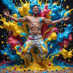 Paint Splat Fun - AI Photos of Hot men having fun with body paint. AI-generated abstract art featuring beautiful, handsome, sexy, shirtless, men, boys, lads, full of excitement joy and fun, covered in body paint, dynamic, interactive, Combining elements of realism with surreal abstract qualities, showcasing the potential of AI, in artistic expression. Photos of guys, just smiling, happy, and having a good time. Most of them are smiling because a paint bomb just blow up next to them, so I'm calling is Abstract Art. When paint attacks and makes people happy, it's Art!
