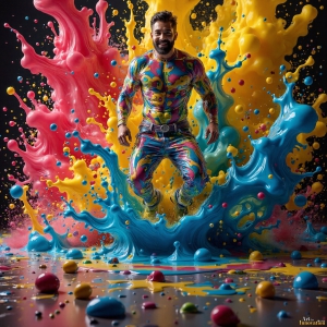 Paint Splat Fun - AI Photos of Hot men having fun with body paint. AI-generated abstract art featuring beautiful, handsome, sexy, shirtless, men, boys, lads, full of excitement joy and fun, covered in body paint, dynamic, interactive, Combining elements of realism with surreal abstract qualities, showcasing the potential of AI, in artistic expression. Photos of guys, just smiling, happy, and having a good time. Most of them are smiling because a paint bomb just blow up next to them, so I'm calling is Abstract Art. When paint attacks and makes people happy, it's Art!