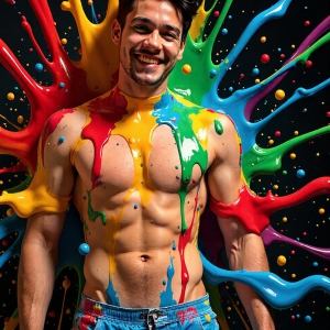 Paint Splat Fun - AI Photos of Hot men having fun with body paint. AI-generated abstract art featuring beautiful, handsome, sexy, shirtless, men, boys, lads, full of excitement joy and fun, covered in body paint, dynamic, interactive, Combining elements of realism with surreal abstract qualities, showcasing the potential of AI, in artistic expression. Photos of guys, just smiling, happy, and having a good time. Most of them are smiling because a paint bomb just blow up next to them, so I'm calling is Abstract Art. When paint attacks and makes people happy, it's Art!