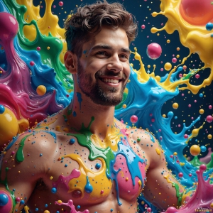 Paint Splat Fun - AI Photos of Hot men having fun with body paint. AI-generated abstract art featuring beautiful, handsome, sexy, shirtless, men, boys, lads, full of excitement joy and fun, covered in body paint, dynamic, interactive, Combining elements of realism with surreal abstract qualities, showcasing the potential of AI, in artistic expression. Photos of guys, just smiling, happy, and having a good time. Most of them are smiling because a paint bomb just blow up next to them, so I'm calling is Abstract Art. When paint attacks and makes people happy, it's Art!