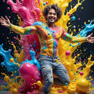 Paint Splat Fun - AI Photos of Hot men having fun with body paint. AI-generated abstract art featuring beautiful, handsome, sexy, shirtless, men, boys, lads, full of excitement joy and fun, covered in body paint, dynamic, interactive, Combining elements of realism with surreal abstract qualities, showcasing the potential of AI, in artistic expression. Photos of guys, just smiling, happy, and having a good time. Most of them are smiling because a paint bomb just blow up next to them, so I'm calling is Abstract Art. When paint attacks and makes people happy, it's Art!