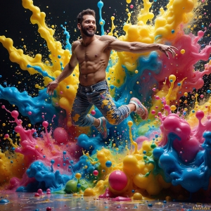 Paint Splat Fun - AI Photos of Hot men having fun with body paint. AI-generated abstract art featuring beautiful, handsome, sexy, shirtless, men, boys, lads, full of excitement joy and fun, covered in body paint, dynamic, interactive, Combining elements of realism with surreal abstract qualities, showcasing the potential of AI, in artistic expression. Photos of guys, just smiling, happy, and having a good time. Most of them are smiling because a paint bomb just blow up next to them, so I'm calling is Abstract Art. When paint attacks and makes people happy, it's Art!