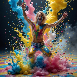 Paint Splat Fun - AI Photos of Hot men having fun with body paint. AI-generated abstract art featuring beautiful, handsome, sexy, shirtless, men, boys, lads, full of excitement joy and fun, covered in body paint, dynamic, interactive, Combining elements of realism with surreal abstract qualities, showcasing the potential of AI, in artistic expression. Photos of guys, just smiling, happy, and having a good time. Most of them are smiling because a paint bomb just blow up next to them, so I'm calling is Abstract Art. When paint attacks and makes people happy, it's Art!