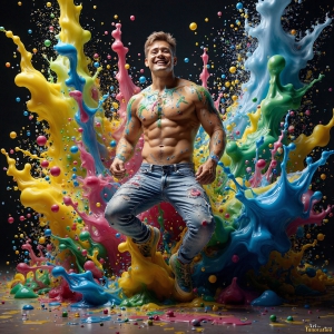 Paint Splat Fun - AI Photos of Hot men having fun with body paint. AI-generated abstract art featuring beautiful, handsome, sexy, shirtless, men, boys, lads, full of excitement joy and fun, covered in body paint, dynamic, interactive, Combining elements of realism with surreal abstract qualities, showcasing the potential of AI, in artistic expression. Photos of guys, just smiling, happy, and having a good time. Most of them are smiling because a paint bomb just blow up next to them, so I'm calling is Abstract Art. When paint attacks and makes people happy, it's Art!